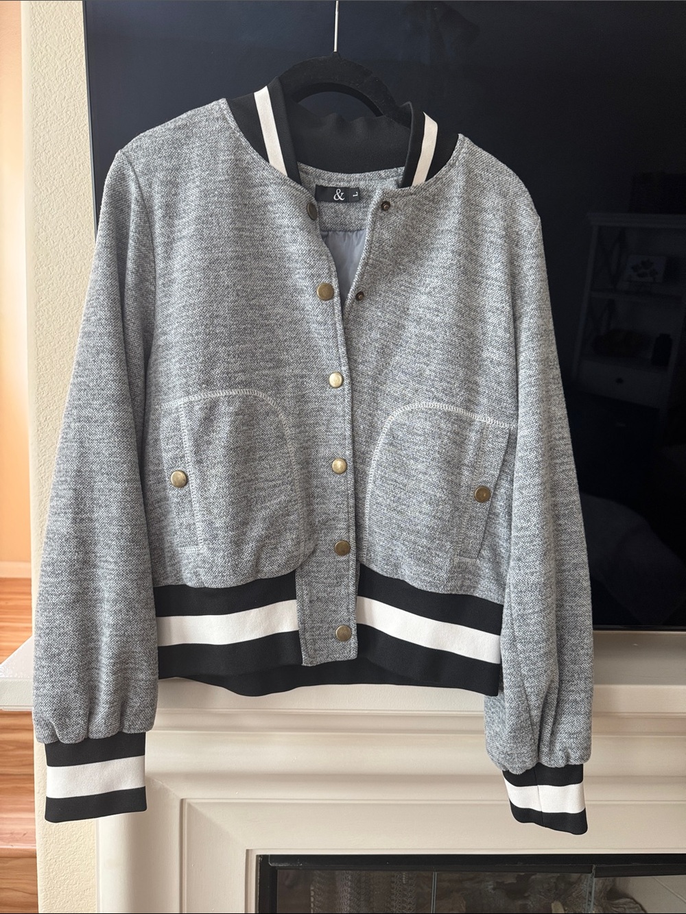 & Other Stories Gray Varsity Bomber Jacket with Black and White Stripes